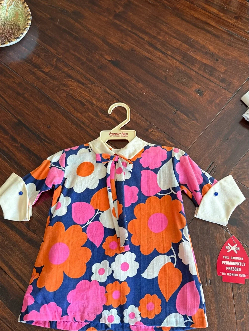 Vintage 70s Kids Floral Tie-Neck Dress in Navy, Orange & Pink